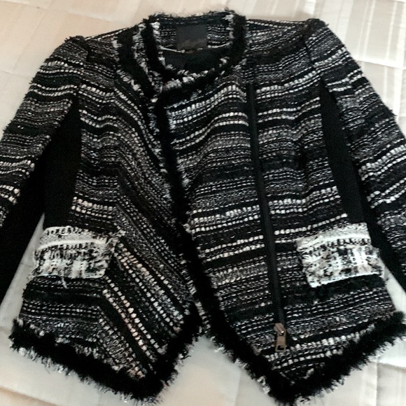 Mcginn Black White Tweed Boucle Metallic Moto Crop Fray Raw Edge Blazer Jacket - Picture 13 of 16